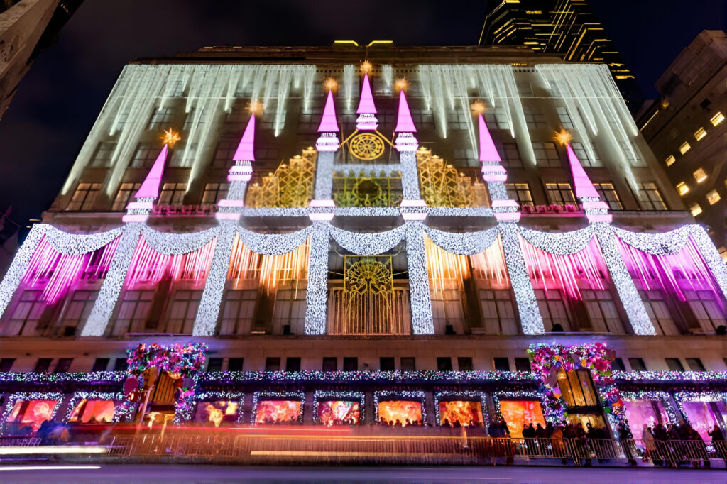 Saks Fifth Avenue Christmas light show viewed during a private Westchester County limousine holiday lights tour