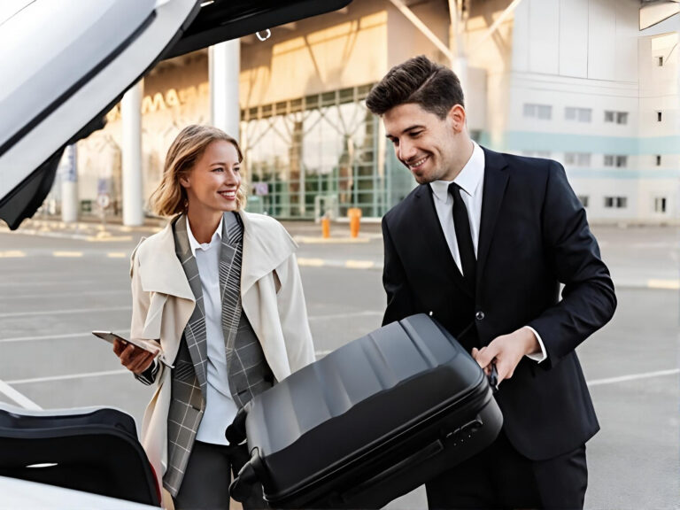 Westchester airport private chauffeur service driver removing customer luggage from trunk at airport