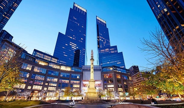 Columbus Circle fountain viewed during an Extended Westchester County Loop private chauffeur tour in Westchester County