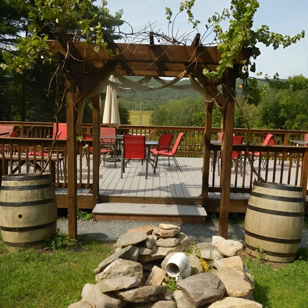 Outdoor deck with tables at Bashakill Vineyards & Winery in the Hudson Valley during a chauffeured wine tasting tour from Westchester County.