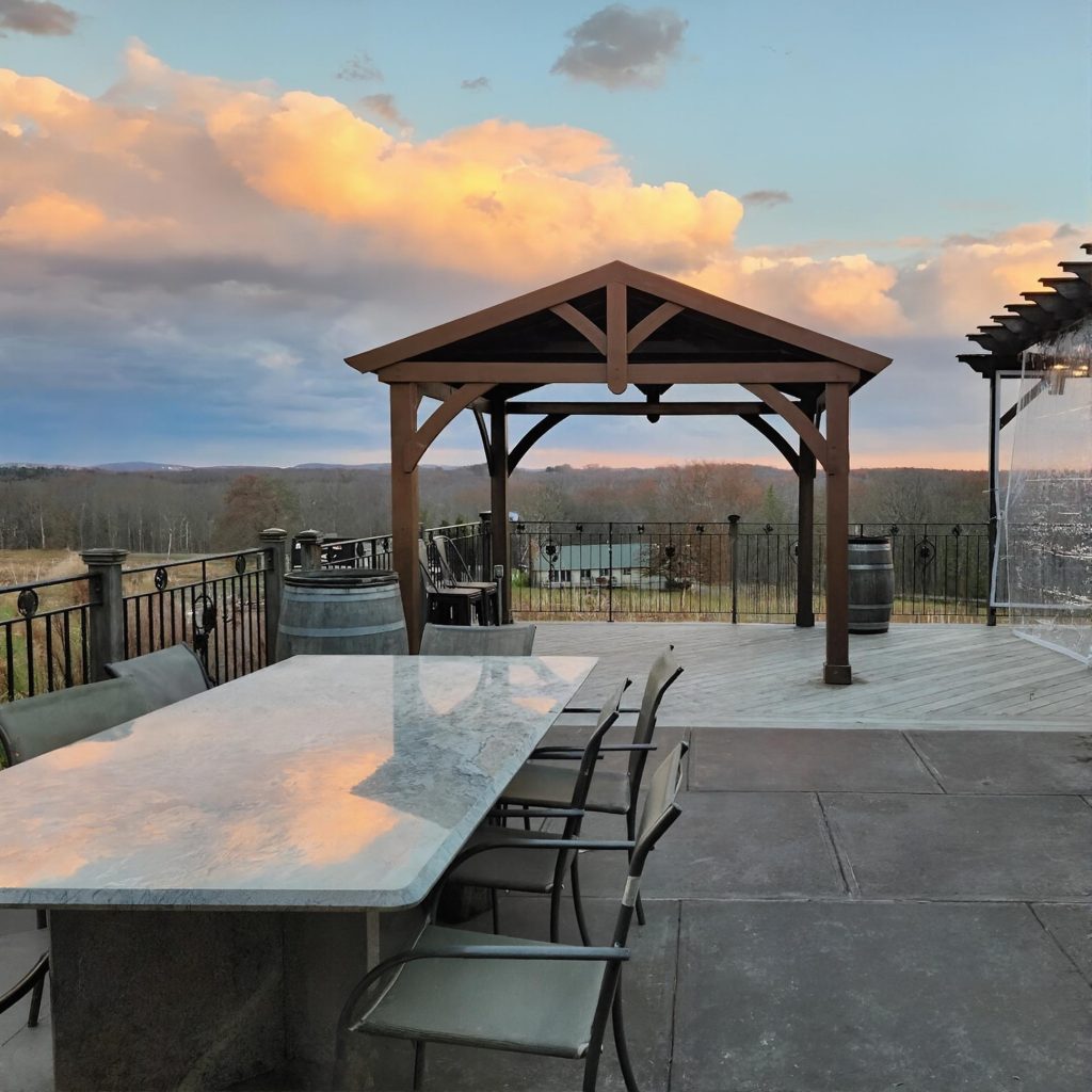 Outdoor deck at Robibero Winery in the Hudson Valley during a chauffeured wine tasting tour from Westchester County.