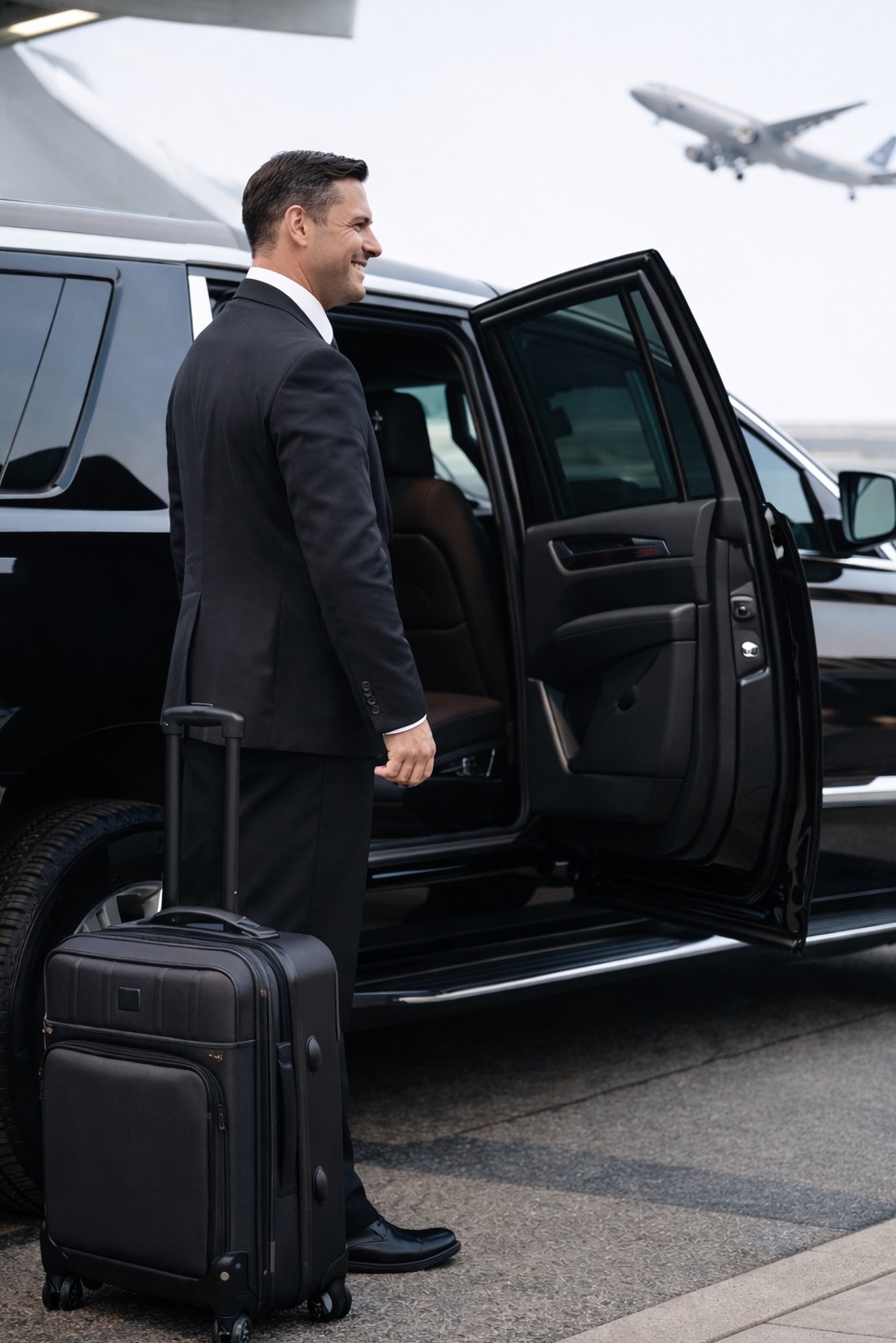 Westchester private chauffeur service driver assisting customer beside black luxury SUV during airport pickup